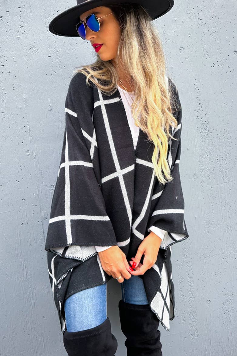 Black Grey Dual-Tone Check Printed Cozy Reversible Ruana