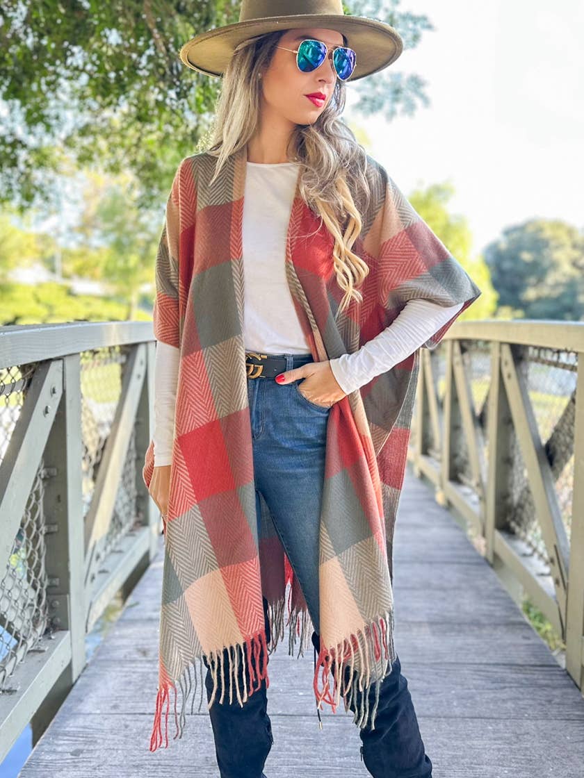 Elegant Rust Autumn Check Plaid Ruana Cardigan with Tassels