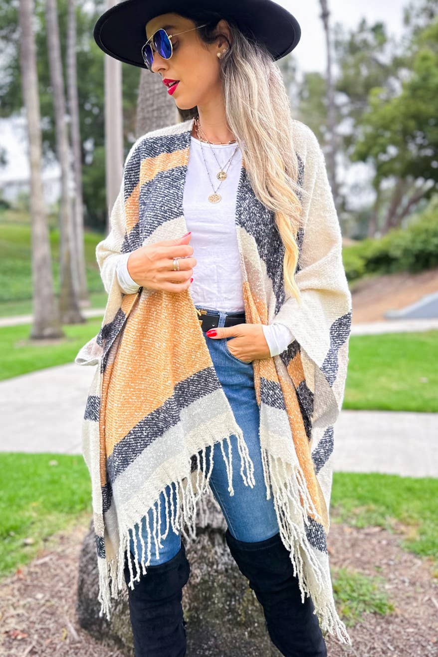 Oatmeal Multi Stripe Printed Soft Knit Cozy Ruana Cardigan