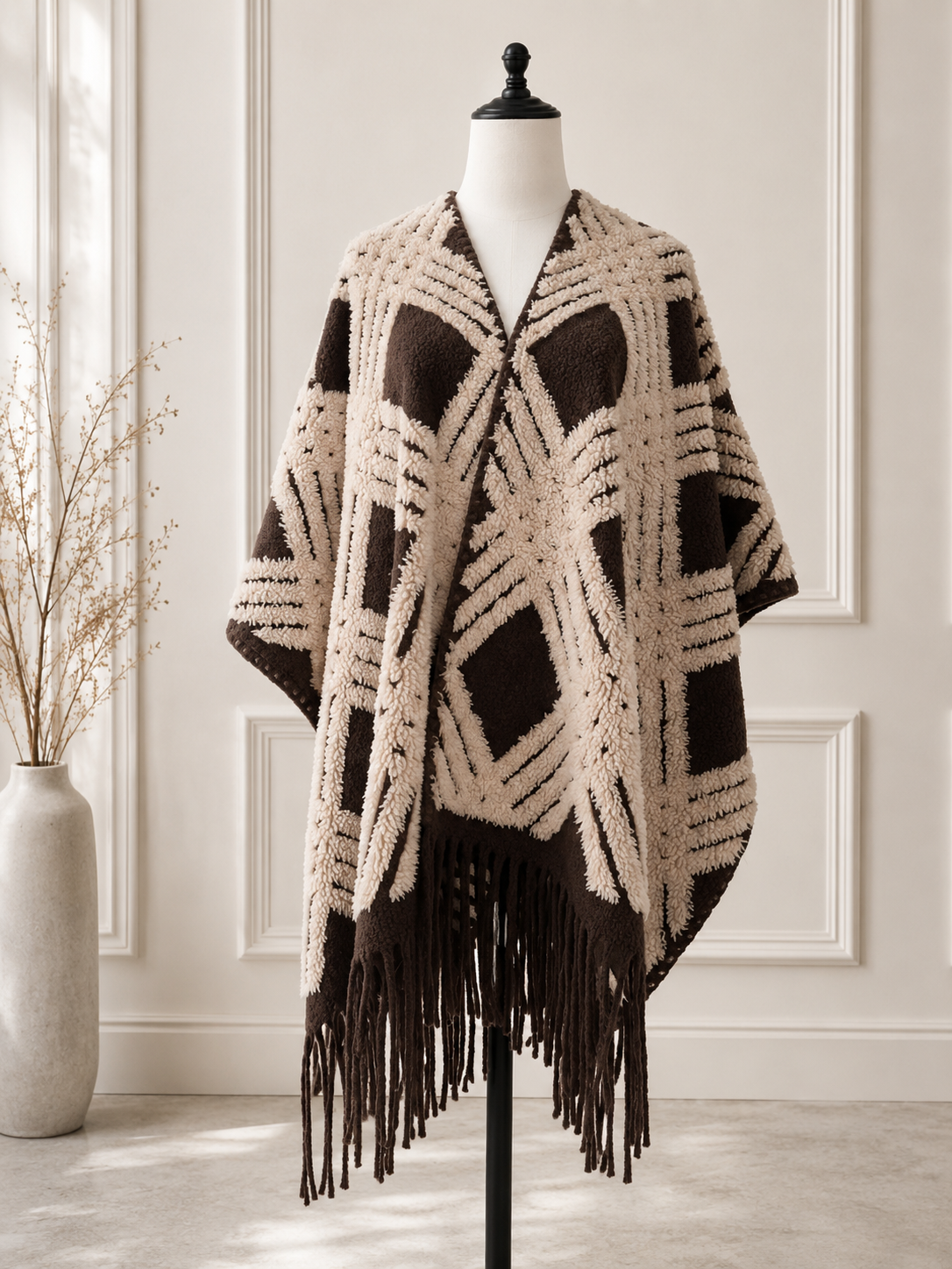 Western Boho 3D Geometric Textured Fringe Ruana Cardigan