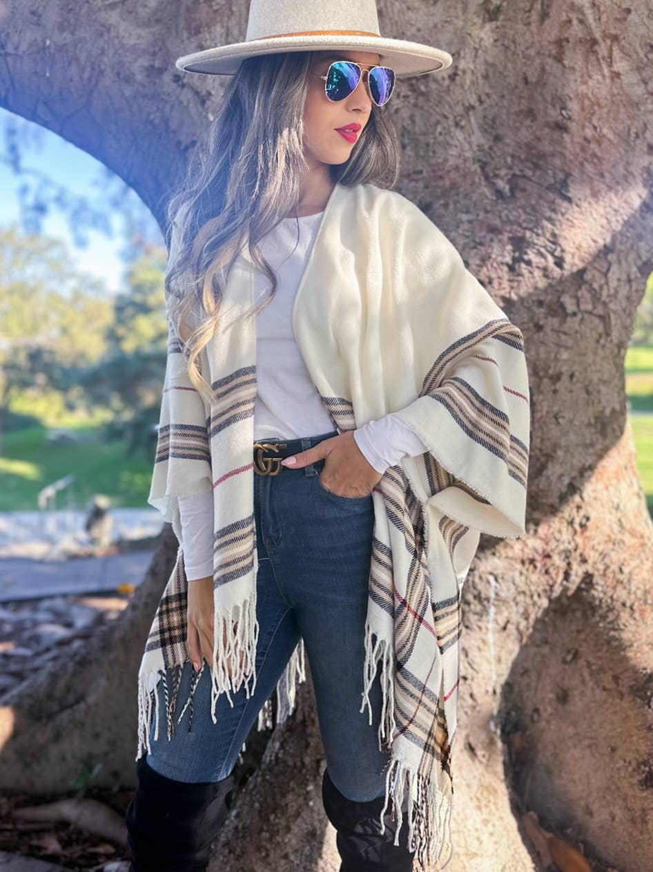 Ivory Plaid Print Knitted Ruana Kimono Cardigan with Tassel
