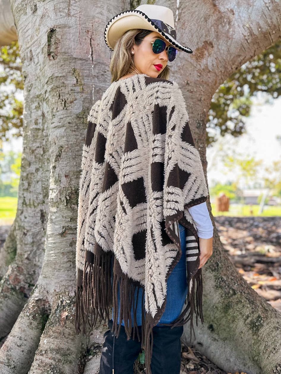 Western Boho 3D Geometric Textured Fringe Ruana Cardigan