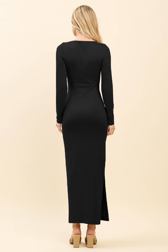 JD56291L - DOUBLE LAYERED BOAT NECK LONG SLEEVE SLIT MAXI