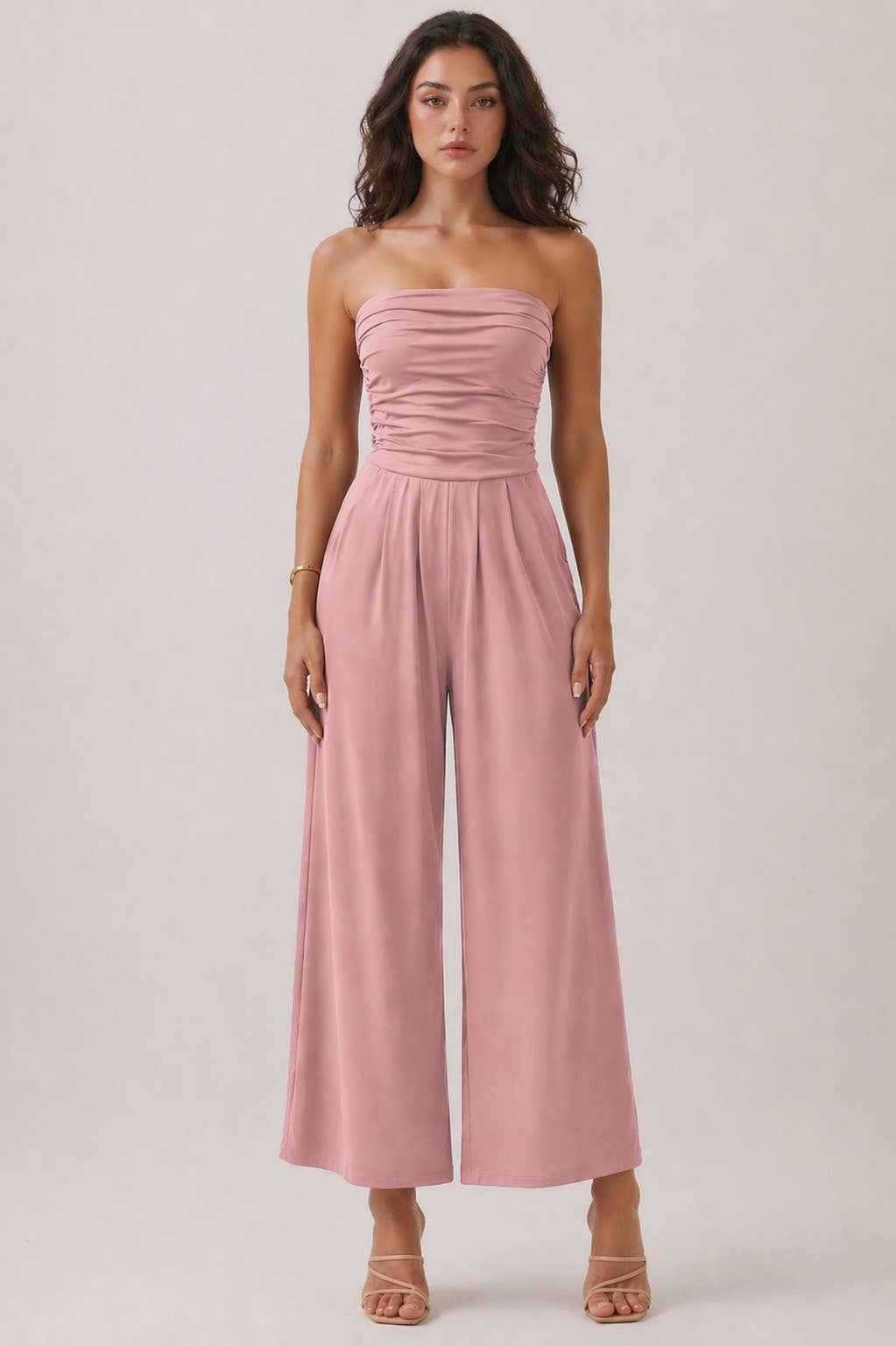 JR16435F - TUBE TOP W/SHIRRING PALAZZO ROMPER