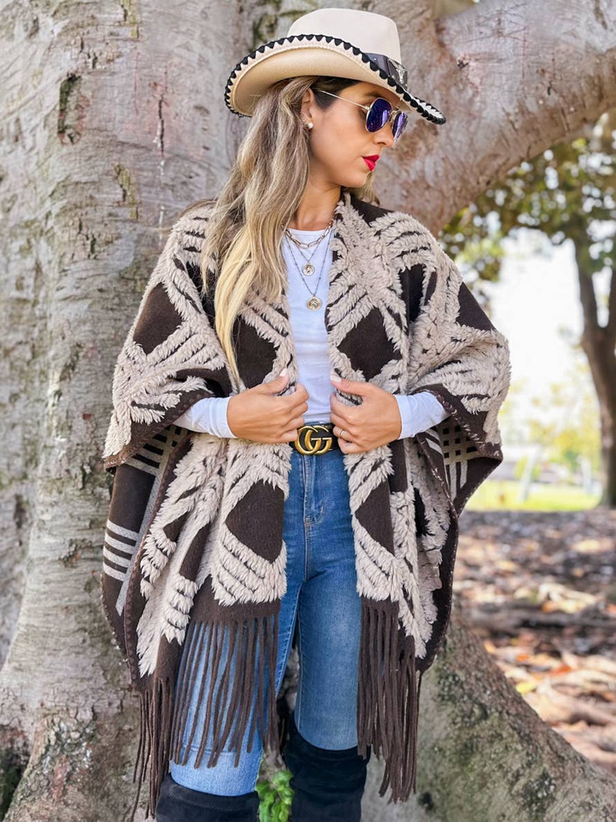 Western Boho 3D Geometric Textured Fringe Ruana Cardigan