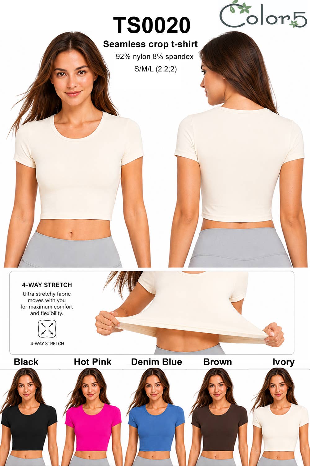 Solid color super stretch seamless crop short sleeve t shirt