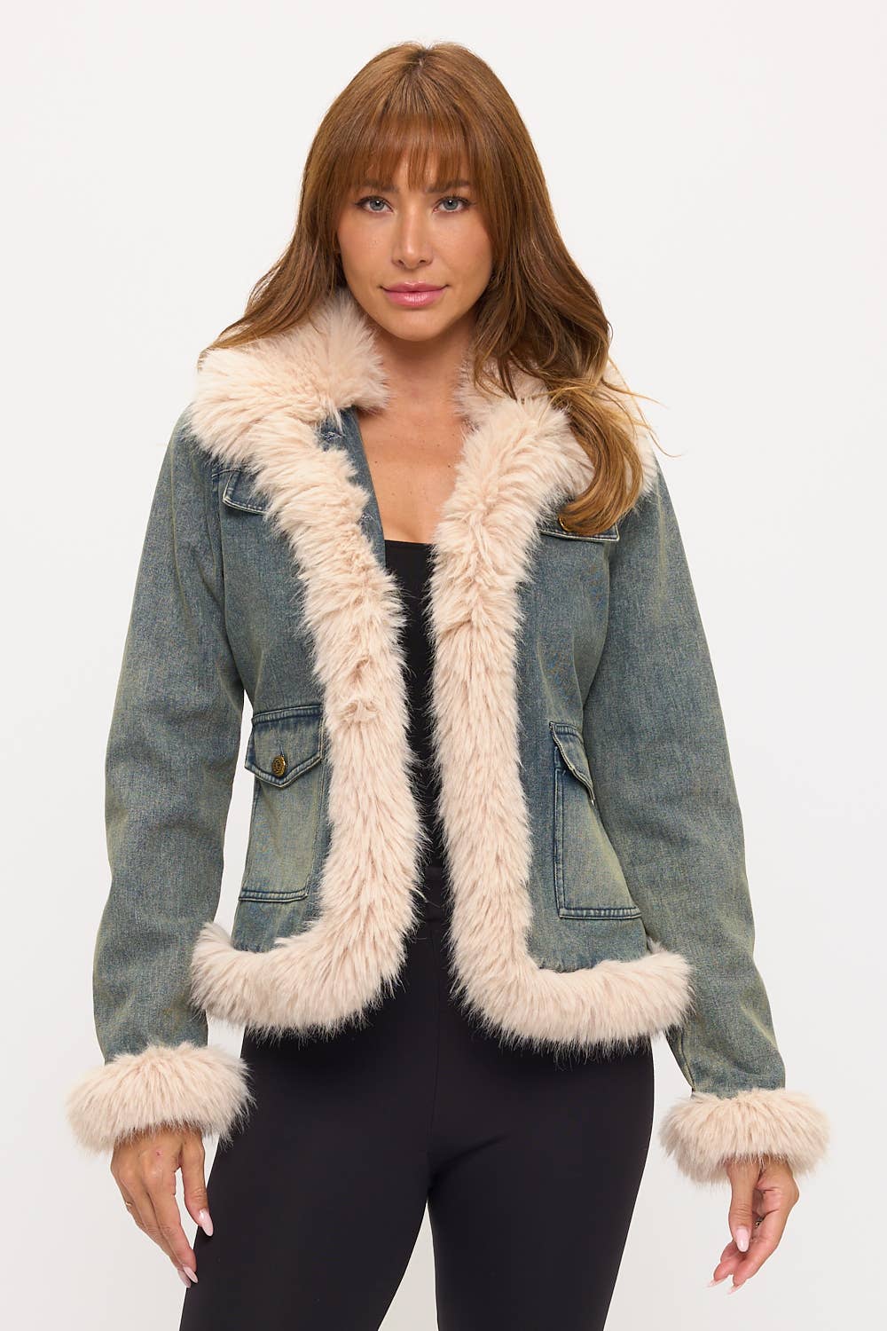 CLADJ0092: Vintage Chic Faux Fur Trim Denim Jacket