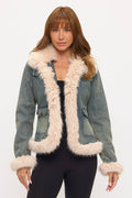 CLADJ0092: Vintage Chic Faux Fur Trim Denim Jacket